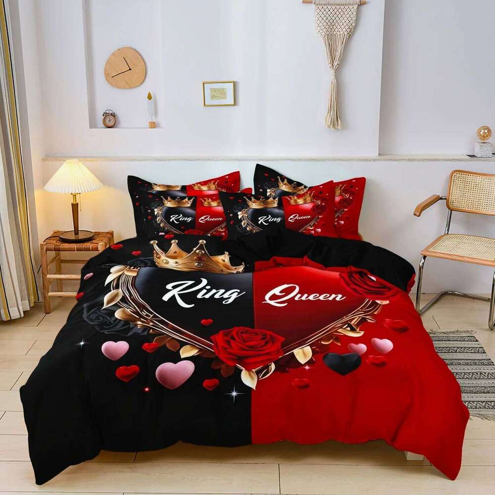3pcs King Queen Heart-Shaped Love couple Rose Duvet Cover, All-Season High-Definition Print Valentine'S Day Gift H260311