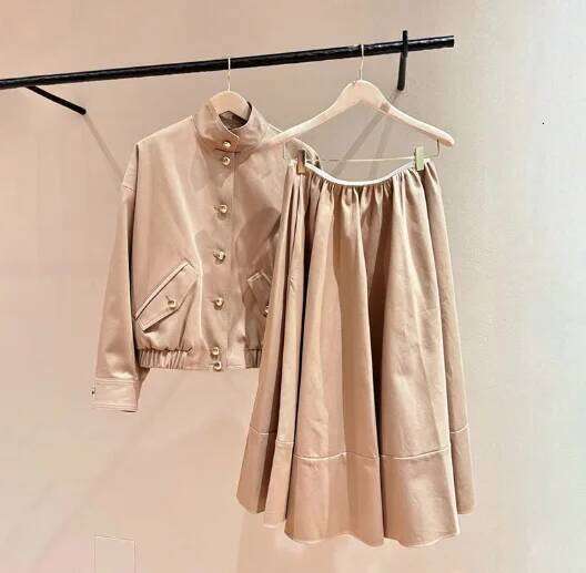 Women's 26 New Two-Piece Stand Up Collar Baseball Jacket And Flared Skirt Casual Set Mdng260311