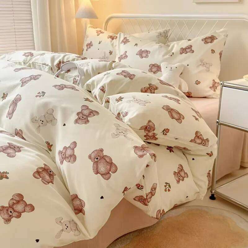 Queen Reactive Printed Sets Washed Polyester Soft Duvet Cover Sheet Pillowcase Cartoon Bedding Bed Set H260311