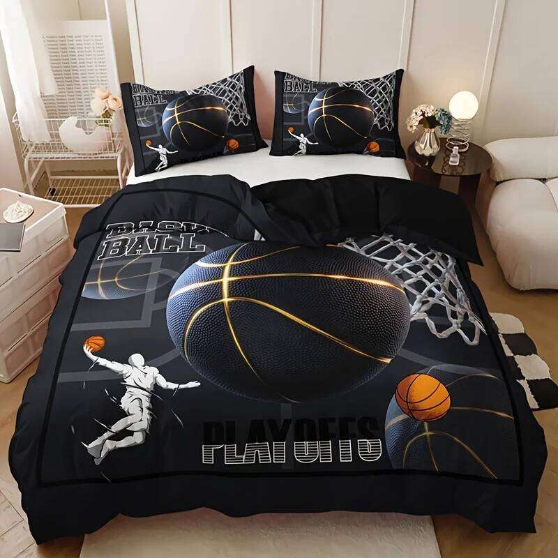 3pcs Vibrant Sports Basketball Set - Soft, Breathable, HD Printed Bedding with 1 Duvet Cover and 2 Pillowcases H260311
