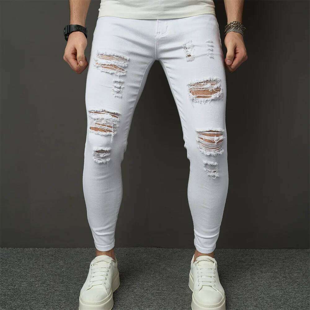 Streetwear Men Simple Style Stretch Skinny Jeans Pants Male Holes Solid Distressed Slim Pencil Denim Trousers Z260225