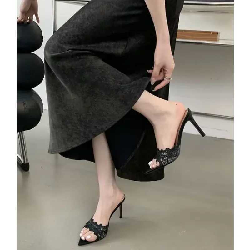 French champagne lace embroidered pointed high-heeled womens versatile sexy celebrity fish mouth stiletto sandals K260311