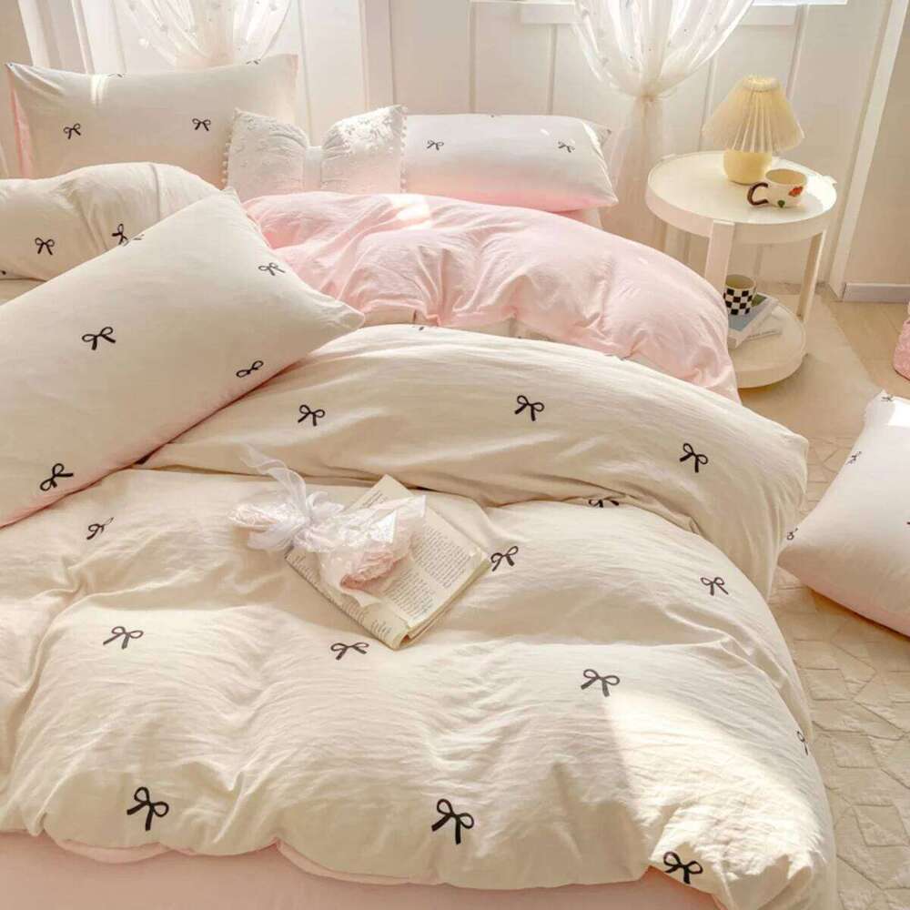 3-Piece Sheet Pink Bowknot Embroidery Duvet Cover Set, Comfortable Bedding Set Bedspread for All Seasons H260311