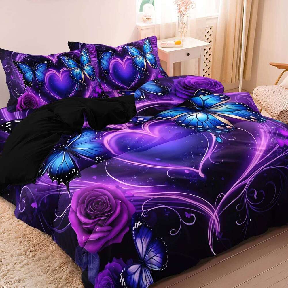 3pcs Valentine'S Purple Dreamy Heart Rose Butterfly Duvet Cover Set,High-Definition Print for.Valentine'S Day Gift H260311