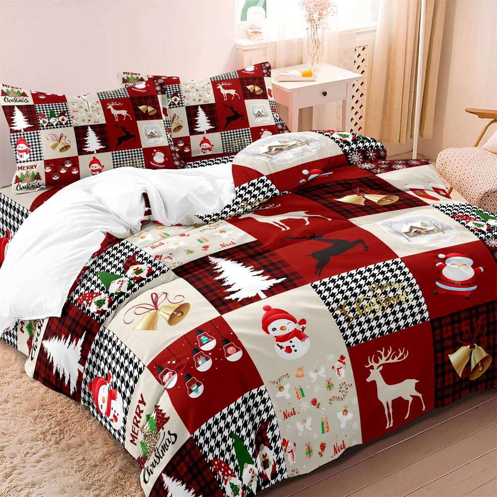 3pcs Reindeer Red Black Plaid Duvet Houndstooth Patterns - All-Season Bedding For Holiday Decor & Christmas Gift H260311