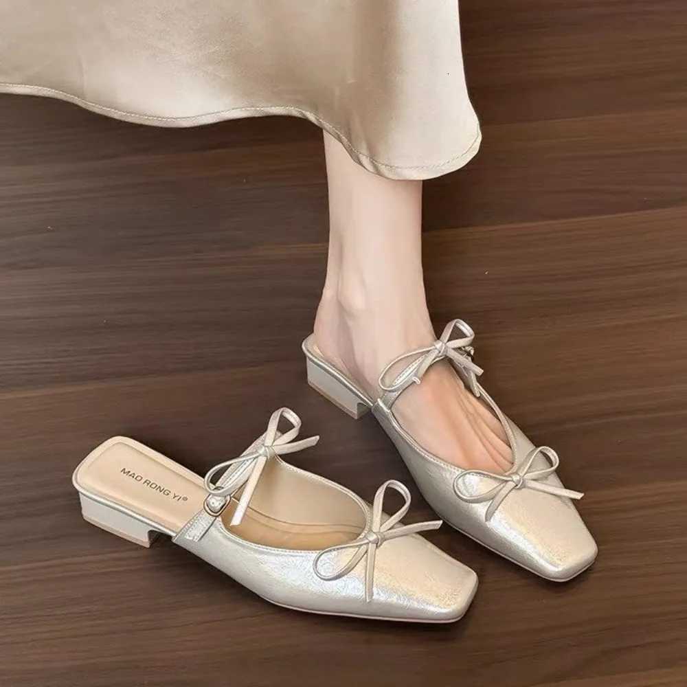 Summer and Autumn New Fashion Korean Version Half-drag Bow Ballet Shoes Small Man Satin Face One-word with Wrap Toe Single Shoes K260311