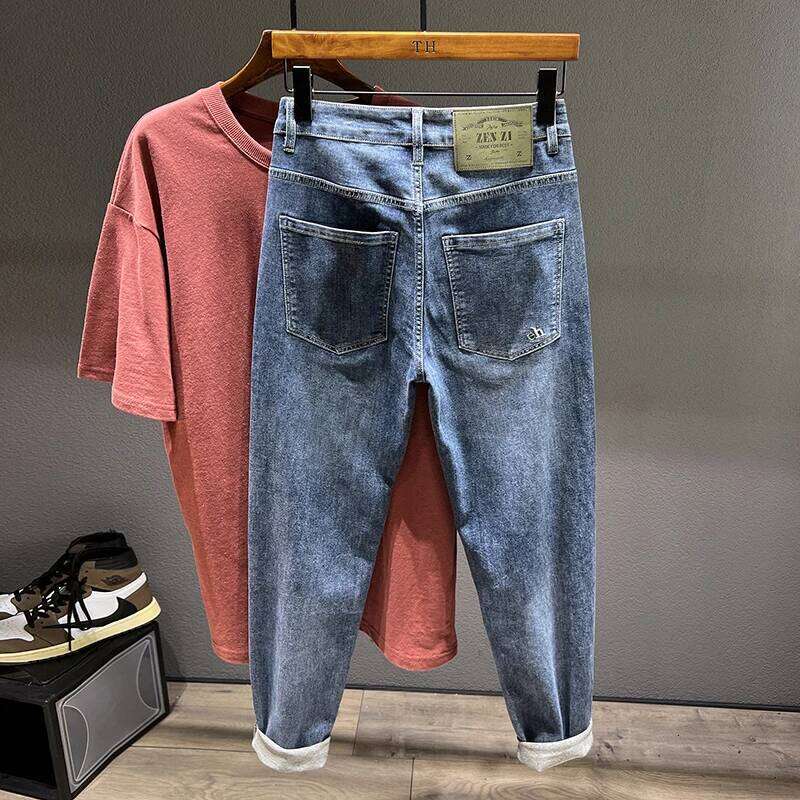 Men's Loose Harem Jeans Classic Blue Fashion Elastic Tapered Small Feet Denim Pants Streetwear Youth Ankle Length Trousers Z260225