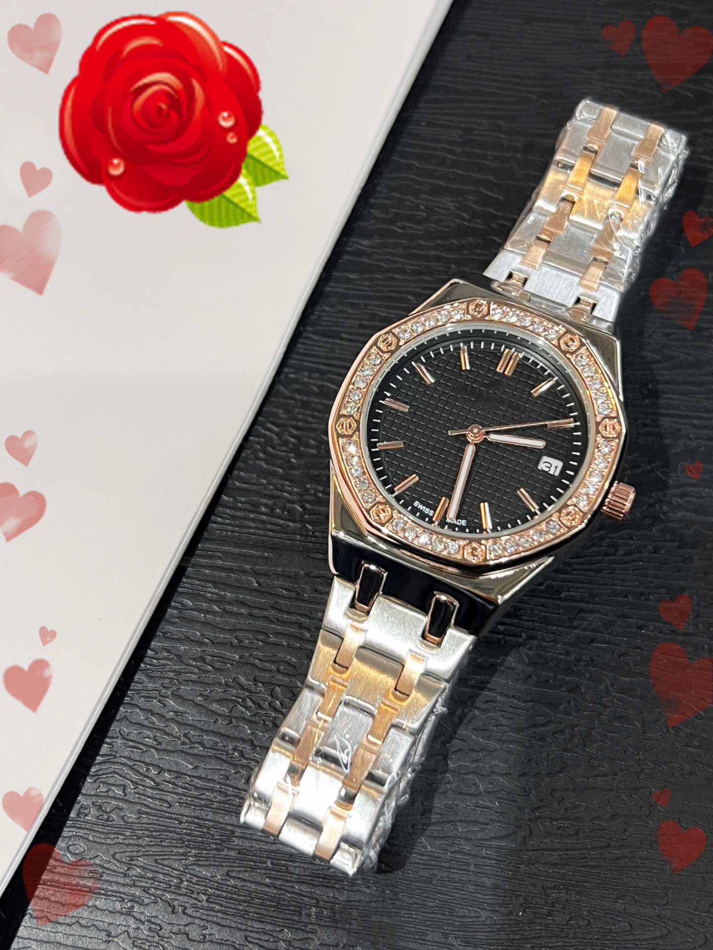 AAA New Fashion womens men APity oak Diamond encrusted Automatic Quartz Movement High Quality Wristwatch Hour Hand Display Metal Luxury Popular women Watch #2576