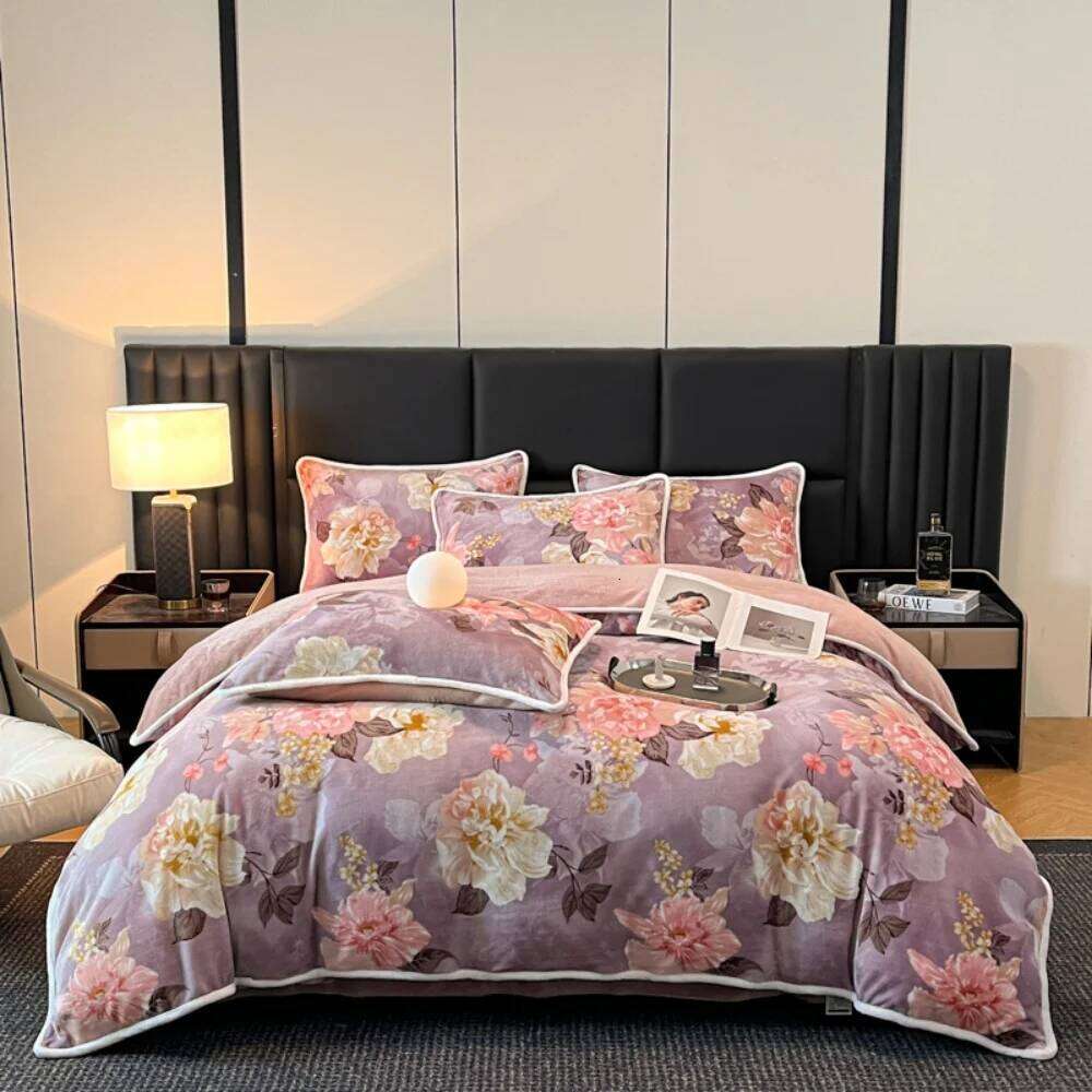 Floral Printed Winter Warm Bedding Milk Velvet Bed Sheet Double Queen Thickened Duvet Cover Pillowcase Four Piece Set H260311