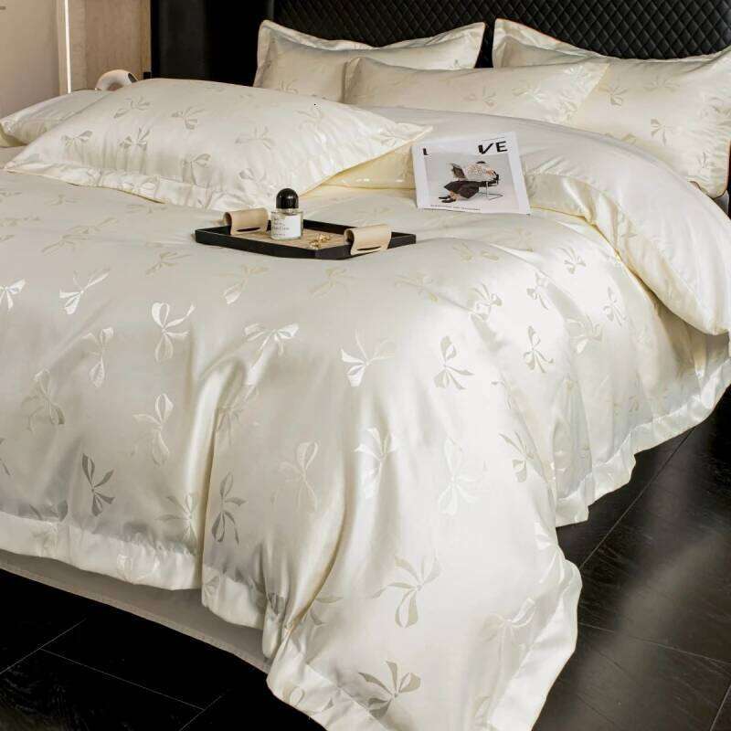 3pcs Cream color Duvet 1*Duvet Cover + 2*Pillowcase, Without Core, bow jacquard Bedding Set H260311