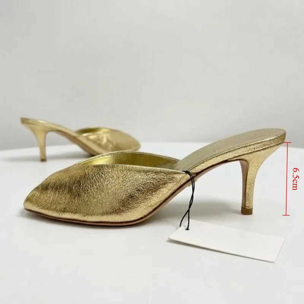 Shiny Gold Women Mules Shoes Shallow Slip on Fashion Peep Toe Party Dress Mid Heels Summer Modern Sandals for Ladies K260311