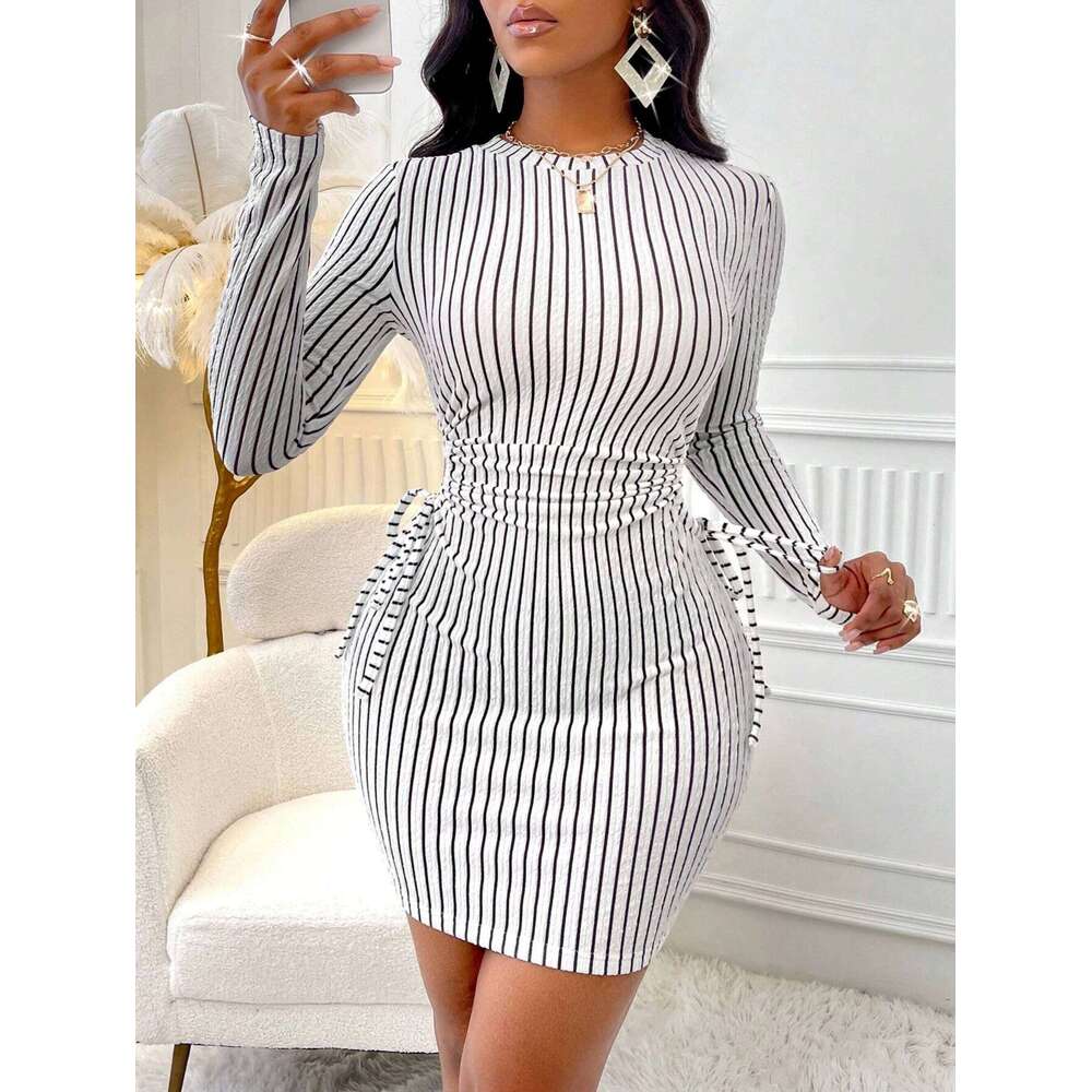 Women's Striped Knit Long Sleeve Dress, Waist Cut Out Tie Design, Slim Fit Elegant Fall & Winter Fashion, Moderate Fabric Thickn Z260311