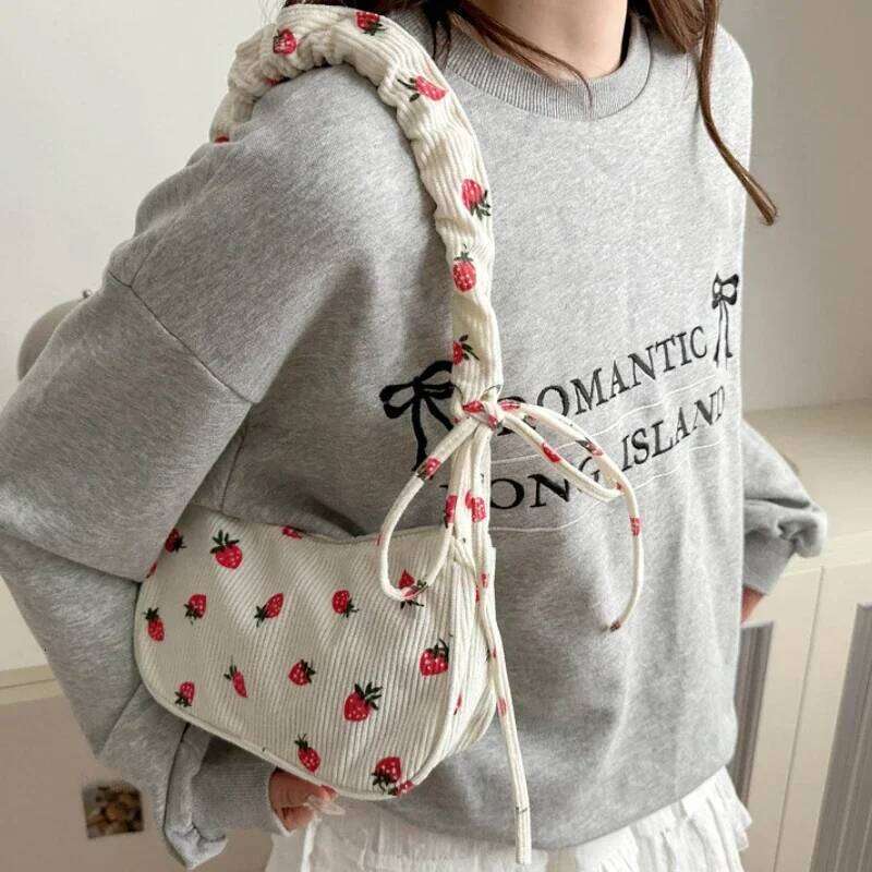 Women Small Underarm Bag Corduroy Handbag Cute Strawberry Print Little Tote Half Moon Design Eco Cloth Purse Mini Shoulder Bags XJ260311
