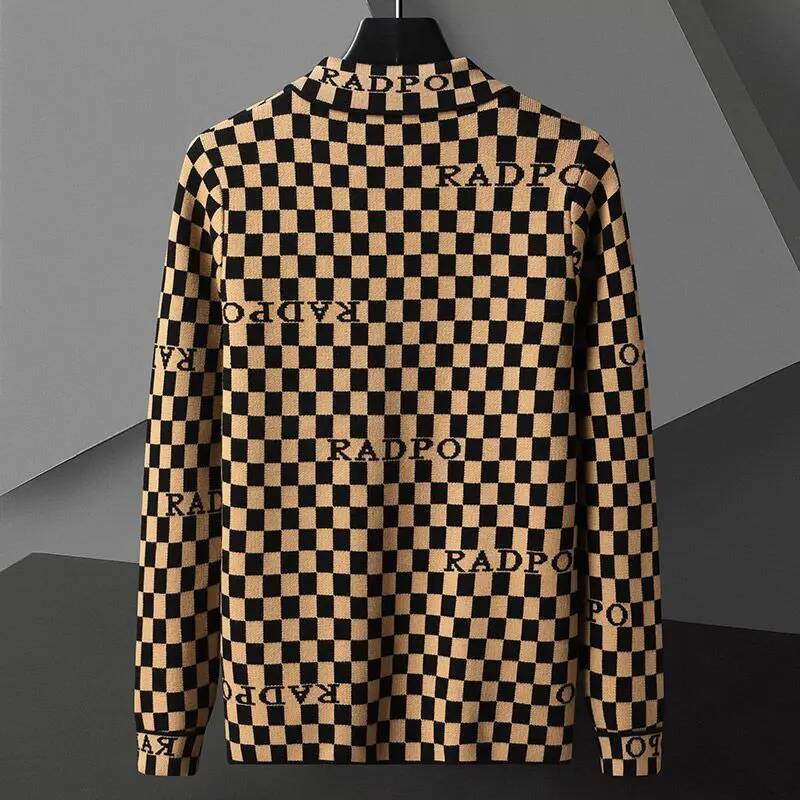 Smart English Elements Plaid Panelled Turn-down Collar New Men Coat Fashion Casual Knit Loose Pockets Cardigan Jacket