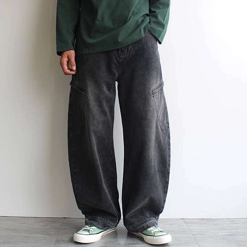 Autumn/Winter Black Washed Denim Trousers for Men - American Streetwear Style Curved Blade Wide-Leg Multi-Pocket Urban Jeans Z260225
