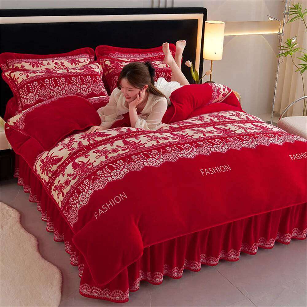 Class A Milk Four-Piece Set Light Ethnic Style Winter Warm Fleece Anti-static Duvet Cover Bed Sheet Bedding Sets H260311