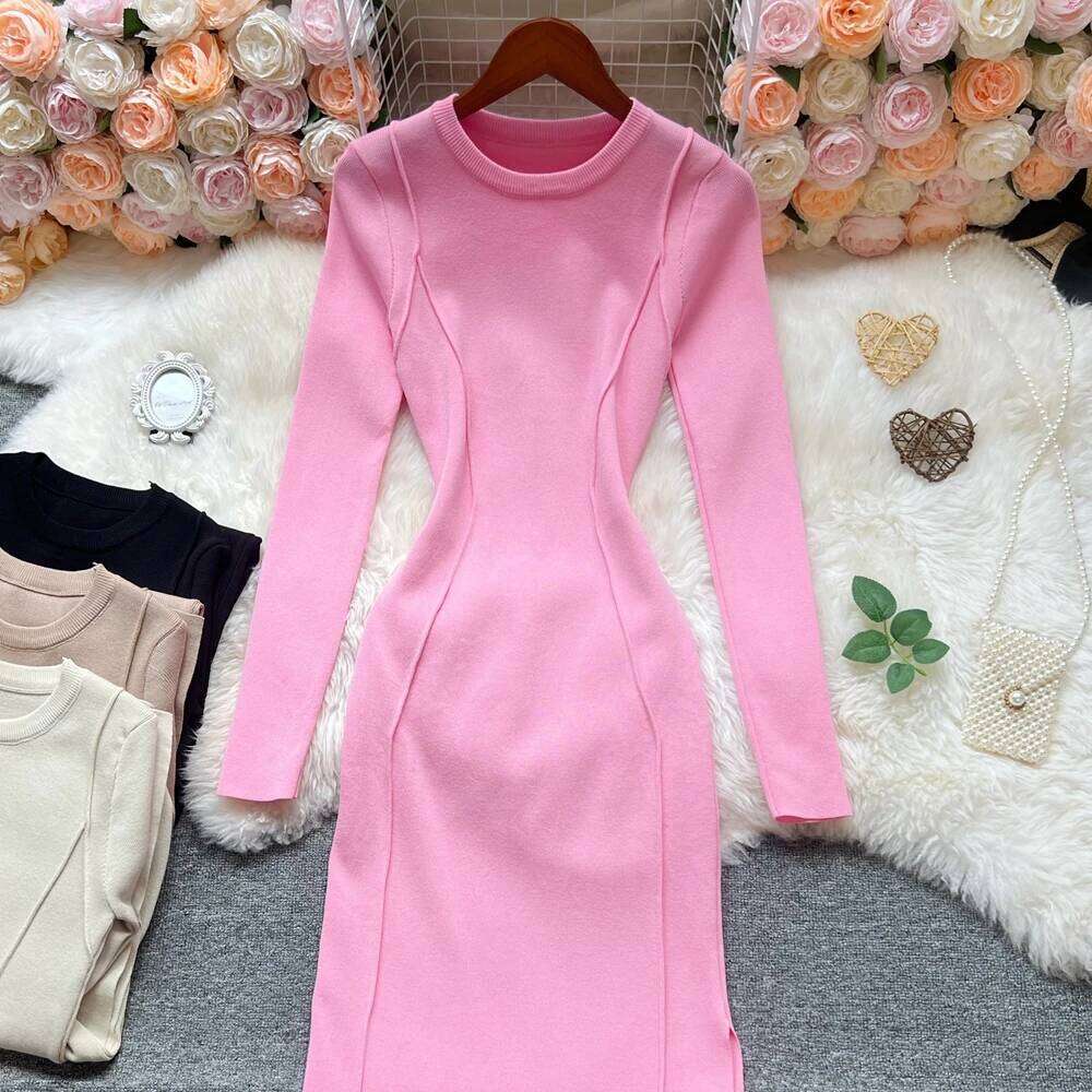YuooMuoo Ins Hot Split Sexy Wrap Hips Knitted Dresses Women 2025 Autumn Winter Long Sleeve Bodycon Sweater Dress Streetwear Robe Z260311