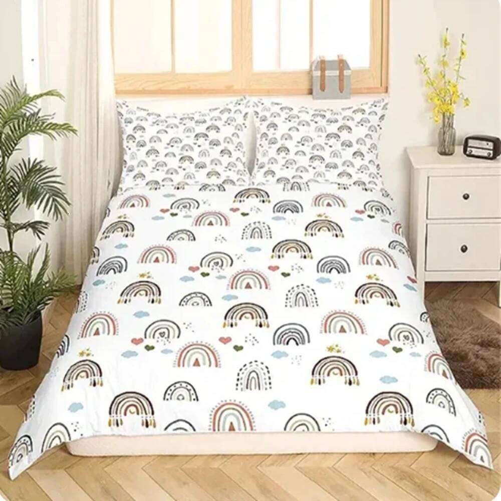 Double Set for Girl Pink Yellow Rainbow Star Duvet Cover Women Kids Bedroom Decor H260311