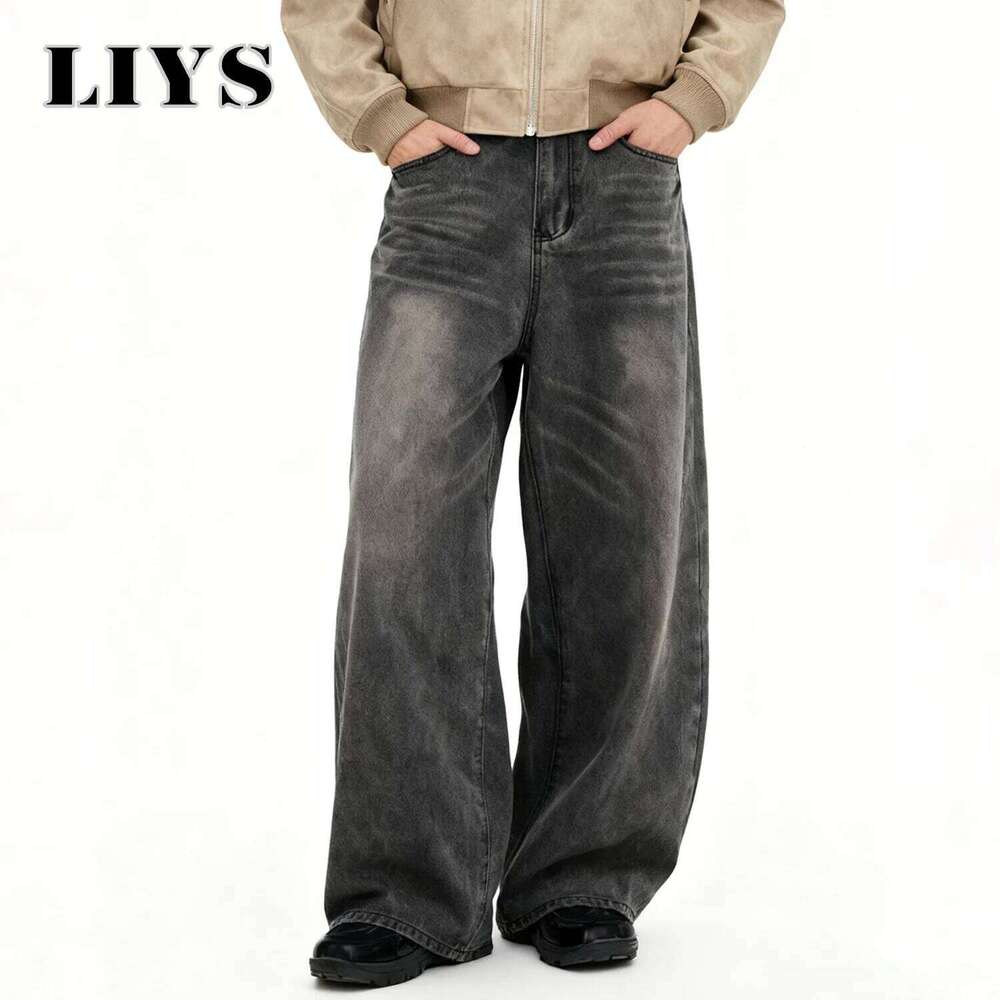 American Retro Gray Loose Wide Jeans Daily Business Casual Baggy Straight Leg Denim Pants Autumn Winter Men's Clothes Z260225