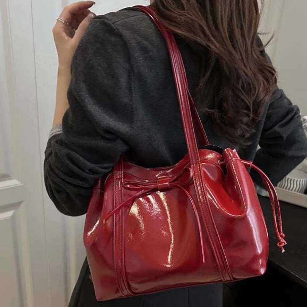 Solid Color Texture Tote Ribbon Magnetic Button Bow PU Shoulder Bag Handbag Waterproof Lady Underarm Pouch Work XJ260311