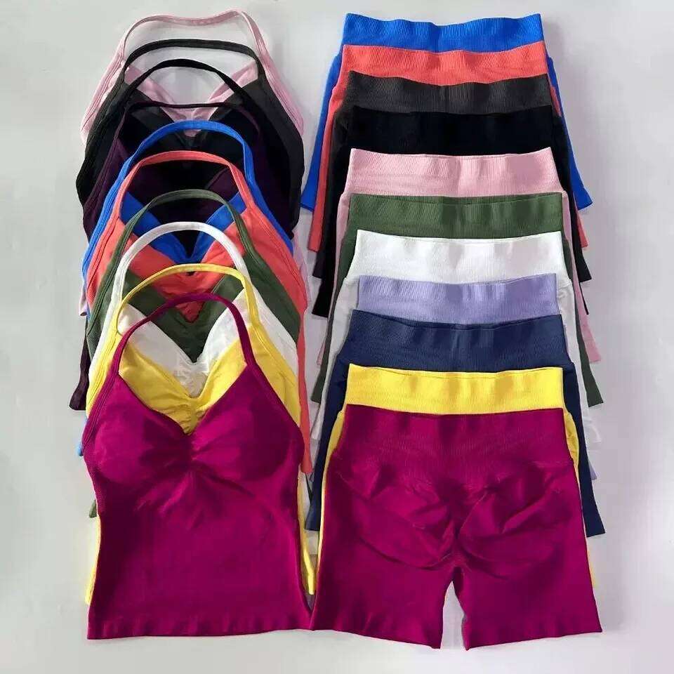 Sexy Halter Neck Beautiful High Waist Peach Sports Bras Shorts Suit Pilates Gathering Yoga Vest Training Fitness Bra Sets 26H0311