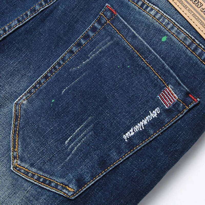 New Paint Spots Ripped Fashion Jeans Men's Splicing Stretch Slim Punk Denim Pants Personality Streetwear Male Trousers Z260225