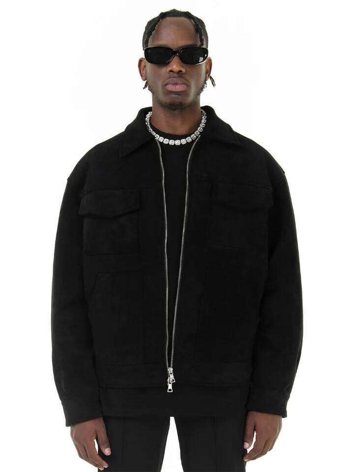 Autumn Jackets Oversize Casual Clothes High Street Pockets Laper Zipper Suede Thick Coat Mens Windbreaker Loose 26H0311