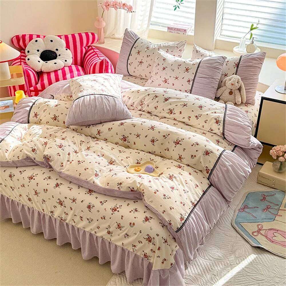 Korean Comforter Bedding Washed Cotton Four-Piece Princess Printed Soft Bed Linen Duvet Set Floral Quilt Cover H260311
