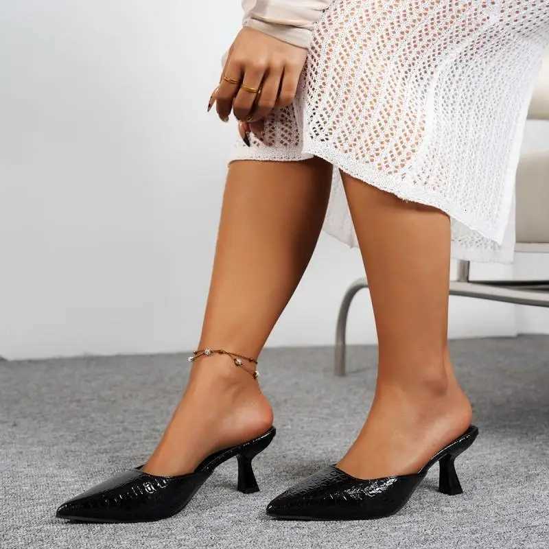 Crocodile Patterned Leather Mules Women Summer 2026 Sexy Pointed Toe High Heel Sandals Womans Vintage Shoes K260311