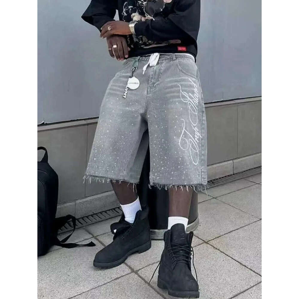 Men's Shorts Vintage Washed Rhinestone Denim Jeans Hip Hop Letter Embroidery Sequin Shiny Baggy Short Low Waist Over The Knee Pant Men's Clo