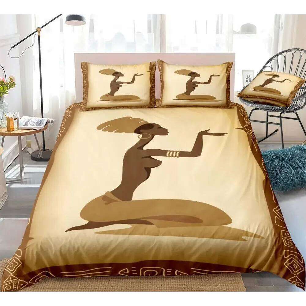 African Woman King Queen Duvet Retro Exotic Tribal Black Girl Pattern Bedding Set Africa Polyester Quilt Cover Pillowcase H260311