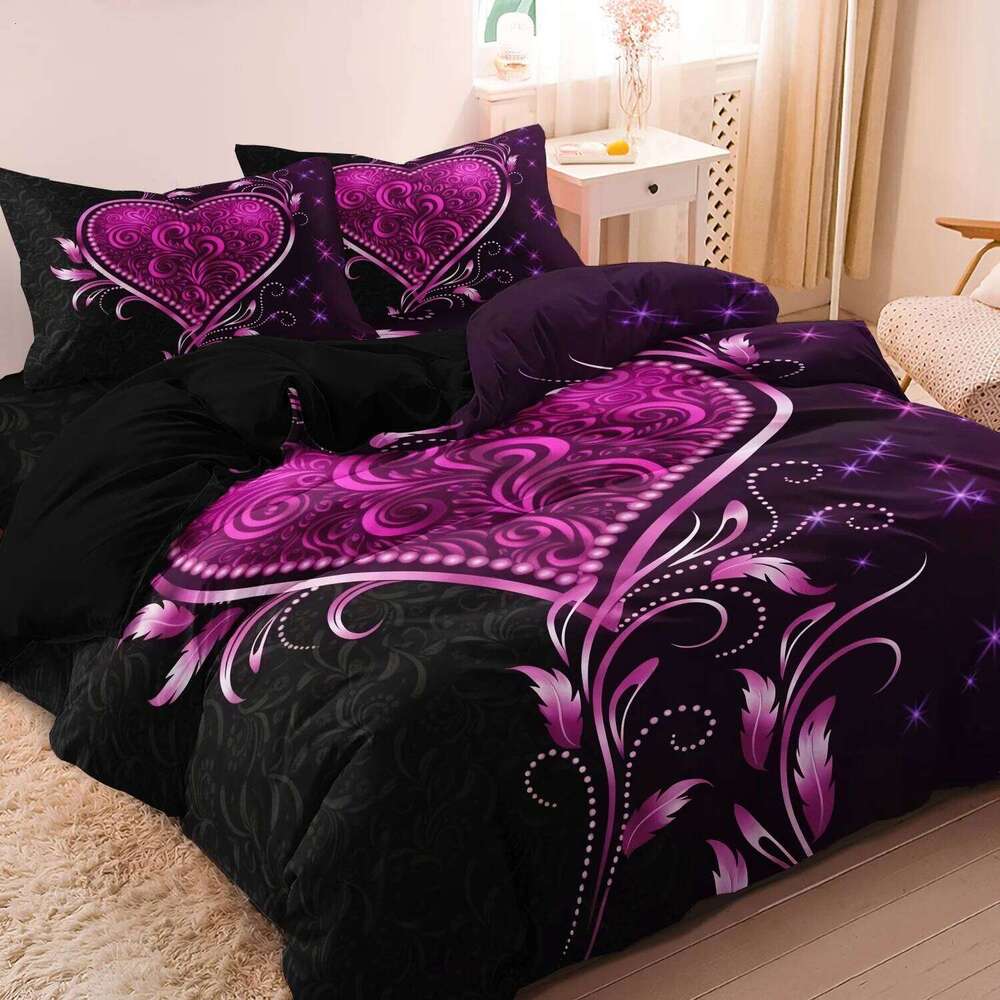 3pcs Valentine's Romantic Purple Heart Rose Floral Duvet Cover Set HD Print for Home & BedroomValentine's Day Gifts H260311