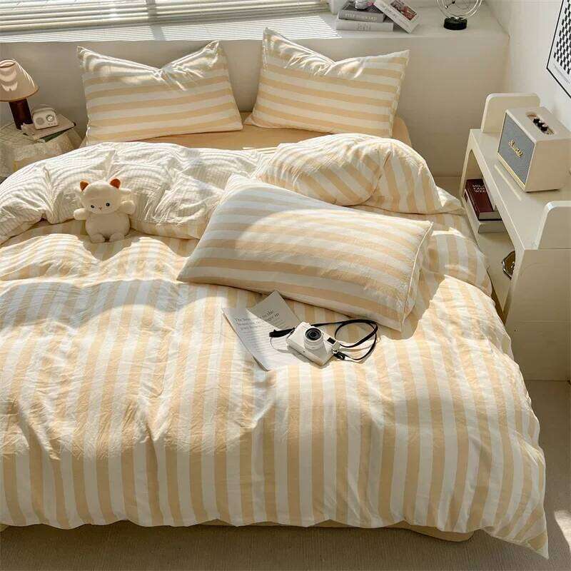 Washed Cotton Double Yarn Crepe Striped Quilt Set 3-4 Pillowcase with Sheet Bedding Cover Supplies 200x230 220x240 Skin Friendly H260311