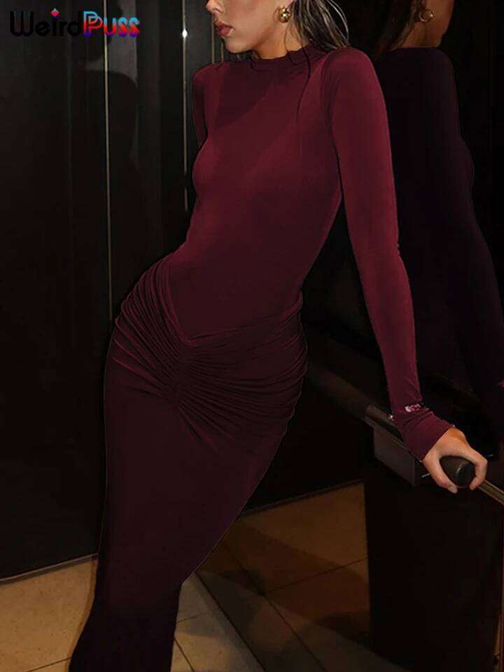 Weird Puss Hipster Ruched Dress Women o-NeckFull Sleeve Skinny Stretch Robe Autumn Trend Simple Classic Pleats Long Bodycon Z260311