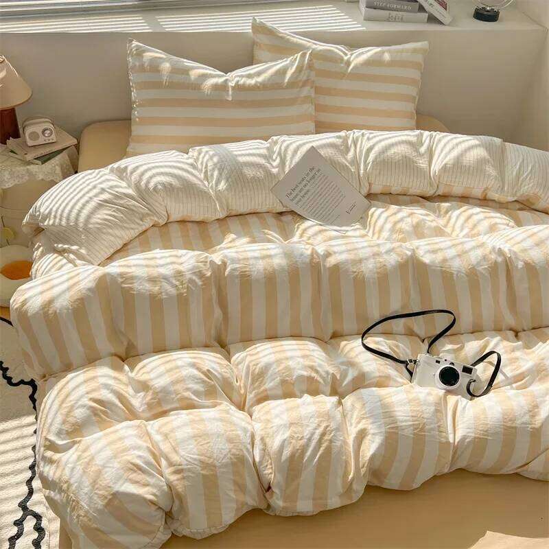 Washed Cotton Double Yarn Crepe Striped Quilt Set 3-4 Pillowcase with Sheet Bedding Cover Supplies 200x230 220x240 Skin Friendly H260311