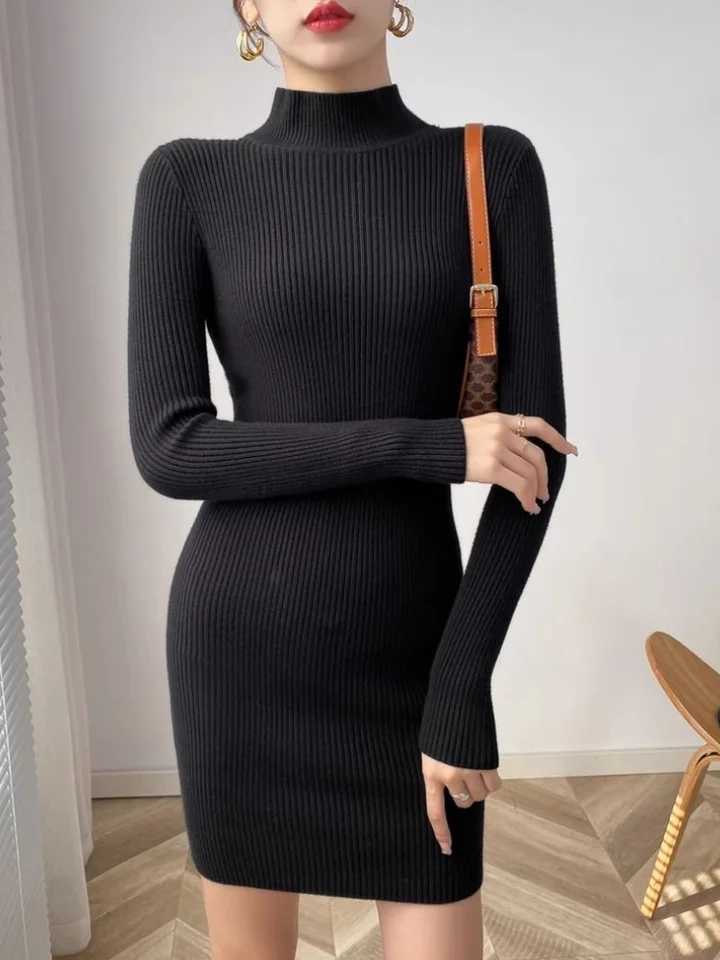 Mock Neck Mini Slim Sweater Dress Women Long Sleeve Knit Sexy Bodycon Dress Basic Casual Dress Women Autumn Winter M260311