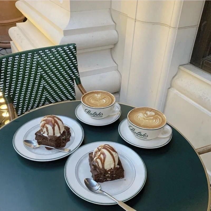 Vintage Bone China Tea Set Medieval Green Cafe Cup and Saucer Ceramic Dim Sum Plate 2 Pieces Dinnerware