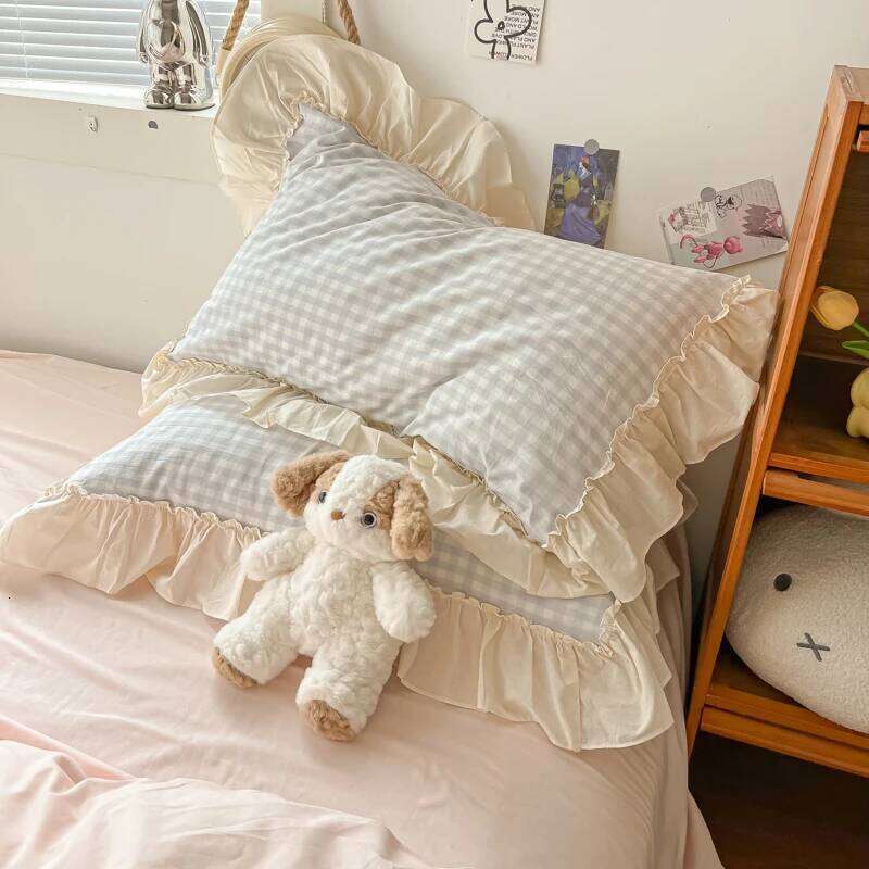 Korean Princess Bedding Soft Skin-friendly Lattice Lace Ruffles Quilt Cover Plaid Style Duvet Covers Set Pillowcases H260311