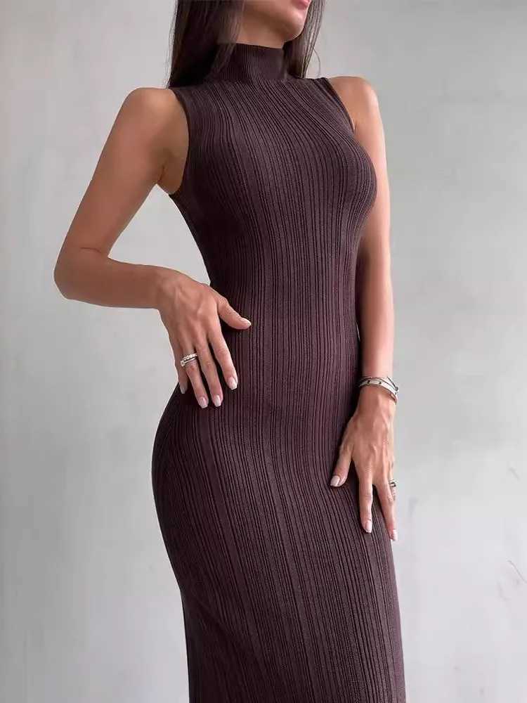 Solid Color Stripe Knitted Slim Long Dresses Women Sleeveless Half Turtleneck Package Hip Bodycon Dress Female Commuting Vestido M260311