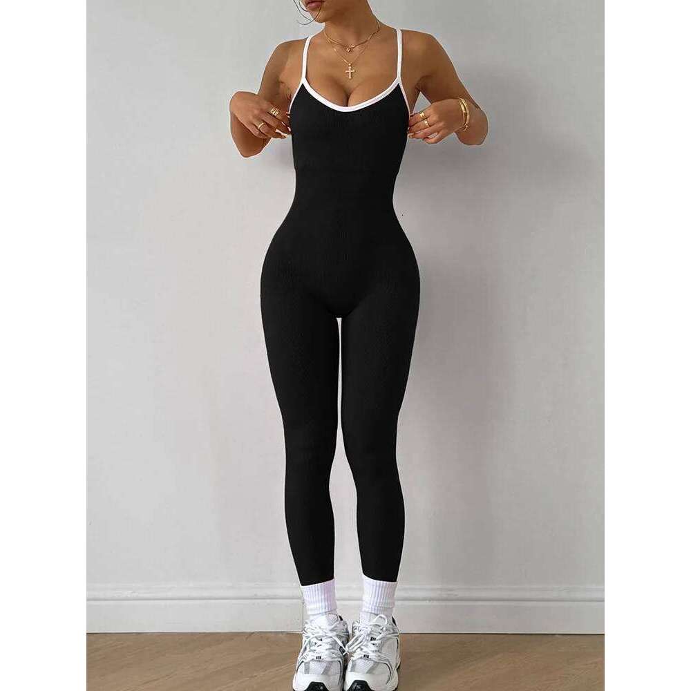 Seamless Yoga Jumpsuit Women Set Spaghetti Strap Leisure Workout Gym Leggings Padded Bra One-piece Fitness Bodysuits 26H0311