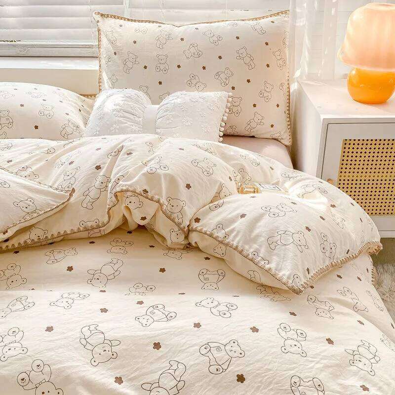 Cute Cartoon Bear Bedding Set Simple Duvet Cover Cotton Linens Bed Sheets Pillowcase Single Double For Kids Decor Home H260311
