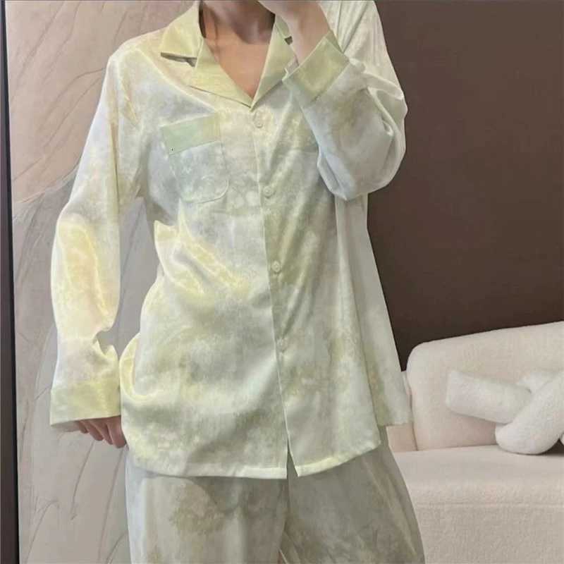 Womens Satin Pajama Set Spring New Classic Sandpainting Pajama Set Long Sleeve Button Green Pajama Lounge Pant Women Sleepwear X260311