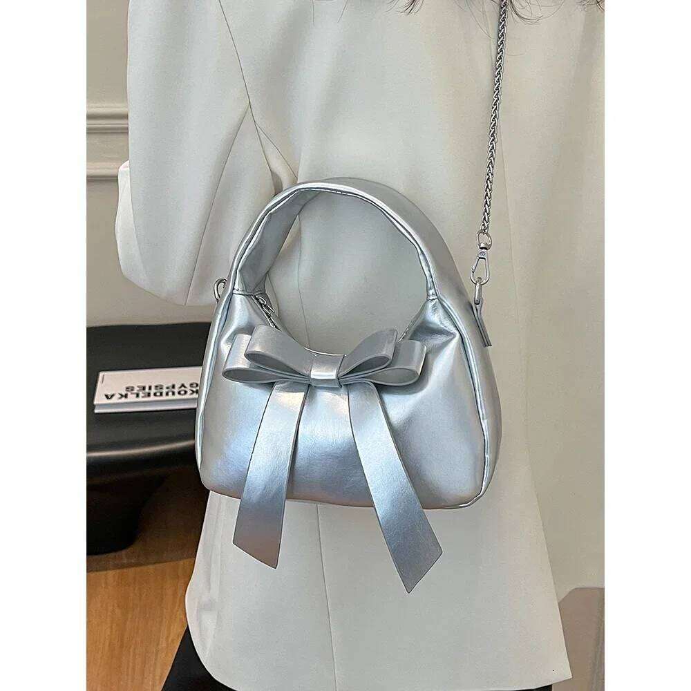 Cute Bows Handbag for Women Solid Pu Leather Small Commute Handle Bags Lady Casual All-matched Chain Shoulder Pack Party Purse XJ260311