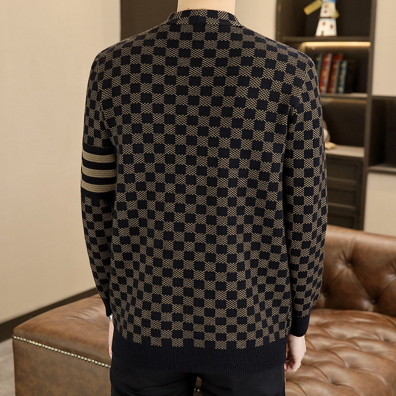 2026 Men's Fashion Sweater Men's Youth Men's Casual Knitted Cardigan Checkered Jacquard Coat Personalized Design Pattern Warm Sports Lu