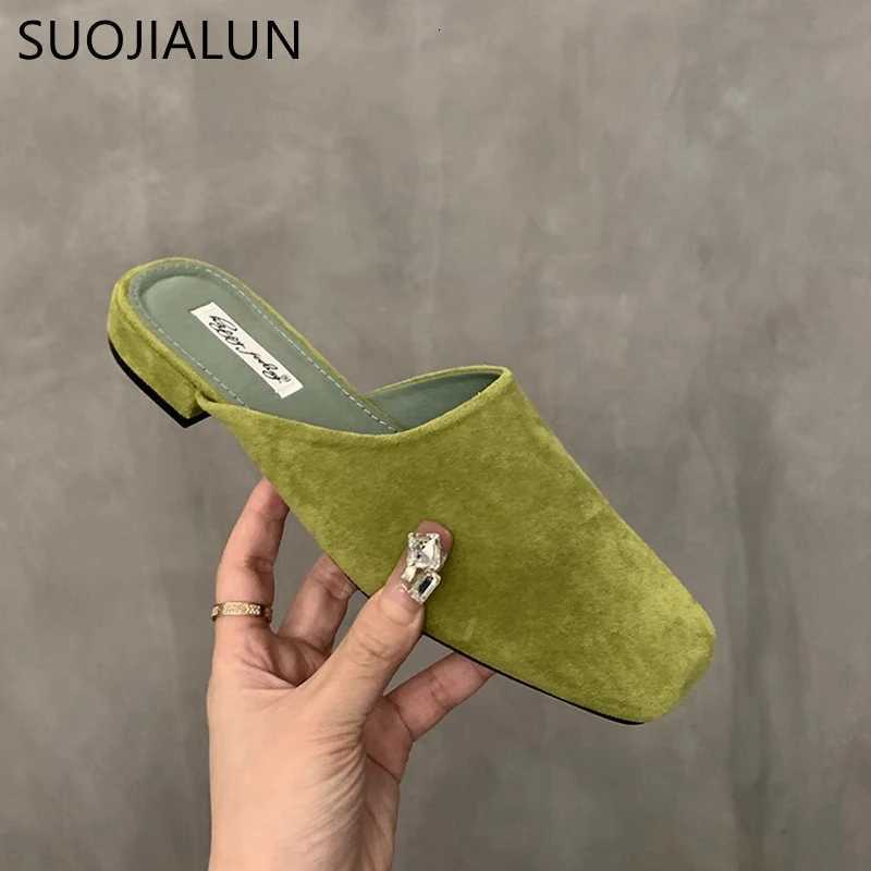 SUOJIALUN 2024 Autumn Women Flat Shoes Fashion Round Toe Slip On Mules Shoes Soft Flat Heel Outdoor Casual Dress Sandal Shoes K260311