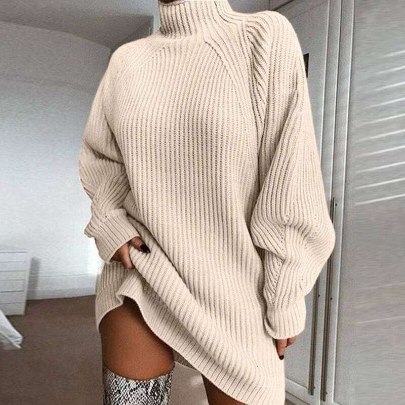 Autumn Winter New Simple Solid Color Mini Knitted Dresses Women Casual Loose Half Turtleneck Long Sleeve Pullover Sweater Dress Z260311
