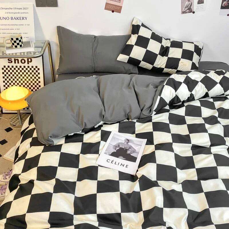 Black and White Plaid Duvet Full, Geometric Grid Bedding Set Soft Lattice Checkerd Comforter Cover with 2 Pillowcases H260311