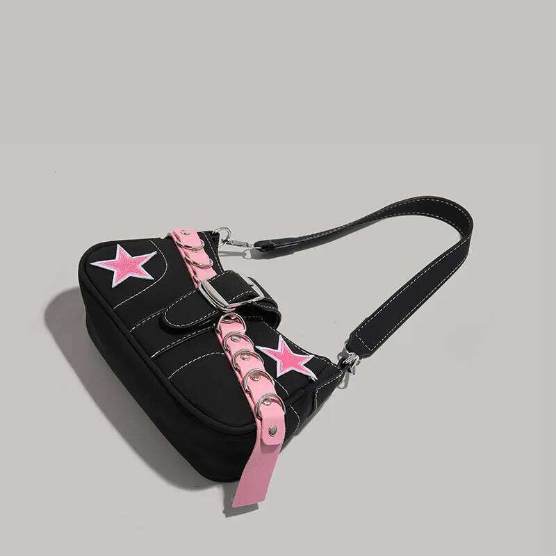 Y2K Hot Girl Black & Pink Star Tote Shoulder Edgy Studded Strap Retro Underarm Bag Sweet-Cool Aesthetic for Trendy Daily Use XJ260311