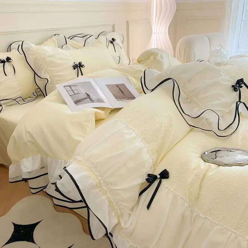 Korean Princess White Bedding For Women Double Ruffle Lace Duvet Cover Full Queen Solid Color Comfortable Falt Bed Sheet Set H260311
