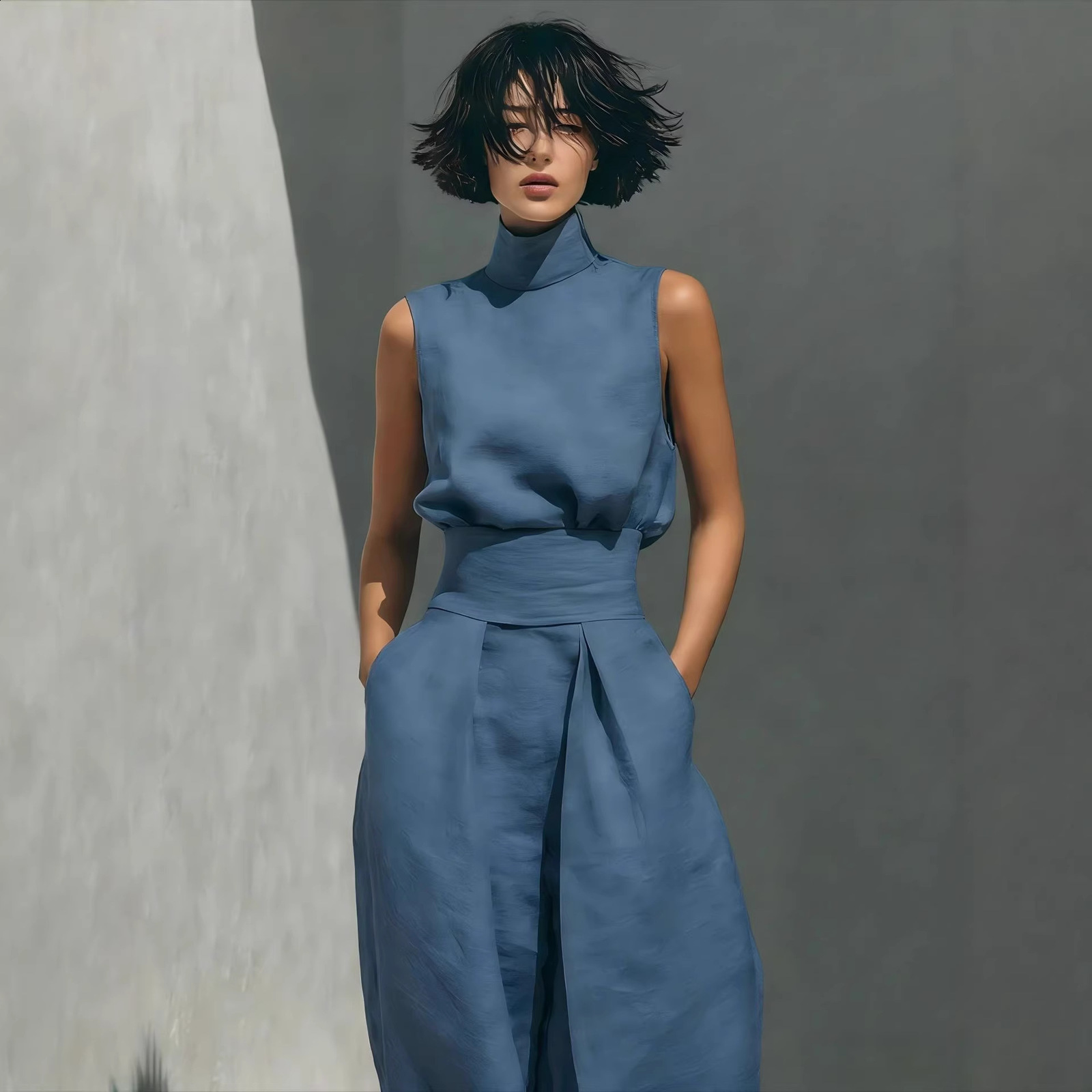 2026 Spring New Solid Color Elegant Womens Simple Cotton-Linen Blend Sleeveless Top and Wide-Leg Pants 250217